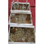 Three boxes of miscellaneous cut and moulded glassware, comprising: decanters, lemonade jug,