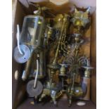A box containing a quantity of brassware, to include: pair of four branch candlesticks,