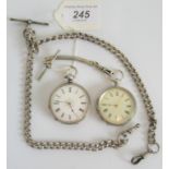 Two ladies Swiss hallmarked cased pocket watches and two hallmarked chains.