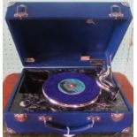 A Decca Rally gramophone in blue polyurethane leather case.