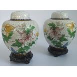 A pair of early 20th century Chinese cloisonne ginger jars and covers on stands.