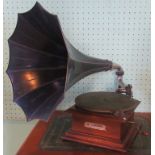An oak cased horn gramophone, bearing the label: The Gramophone Company, 21 City Road,