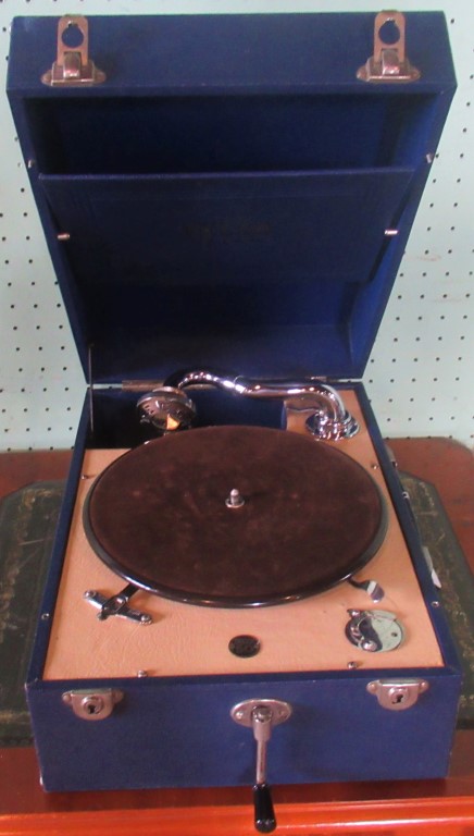 A Decca 50 Gramophone in blue polyurethane leather wrapped case.