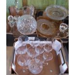 Three boxes of miscellaneous moulded and cut glass, to include: lamp, lemonade jug, decanters,