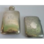 A hallmarked hip flask, together with a hallmarked cigarette case.