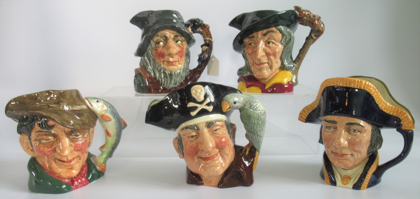 Five Royal Doulton character jugs, to include: Lord Nelson, The Poacher, Rip Van Winkle,