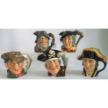 Five Royal Doulton character jugs, to include: Lord Nelson, The Poacher, Rip Van Winkle,