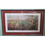 A mahogany framed and glazed coloured print, depicting the imaginary cricket match,