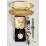 J W Benson, a railway man's pocket watch in original case, white enamel dial,