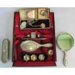 A cased four piece hallmarked dressing table set, together with four hallmarked salts, vesta case,