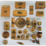 A collection of Mauchlin ware, to include: ruler, postcard holder, notebook cover, napkin rings,