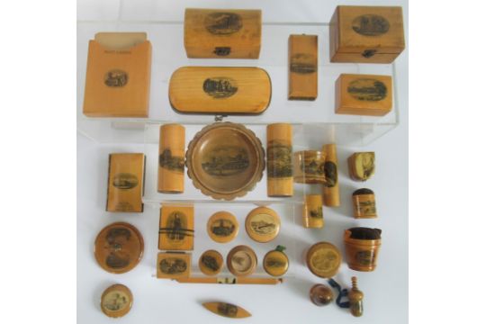 A collection of Mauchlin ware, to include: ruler, postcard holder, notebook cover, napkin rings,