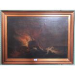 A 19th century gilt framed oil on canvas depicting a galleon in stormy seas in the manner of