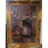 A large 20th century gilt framed oil on board depicting a Victorian female flower seller.