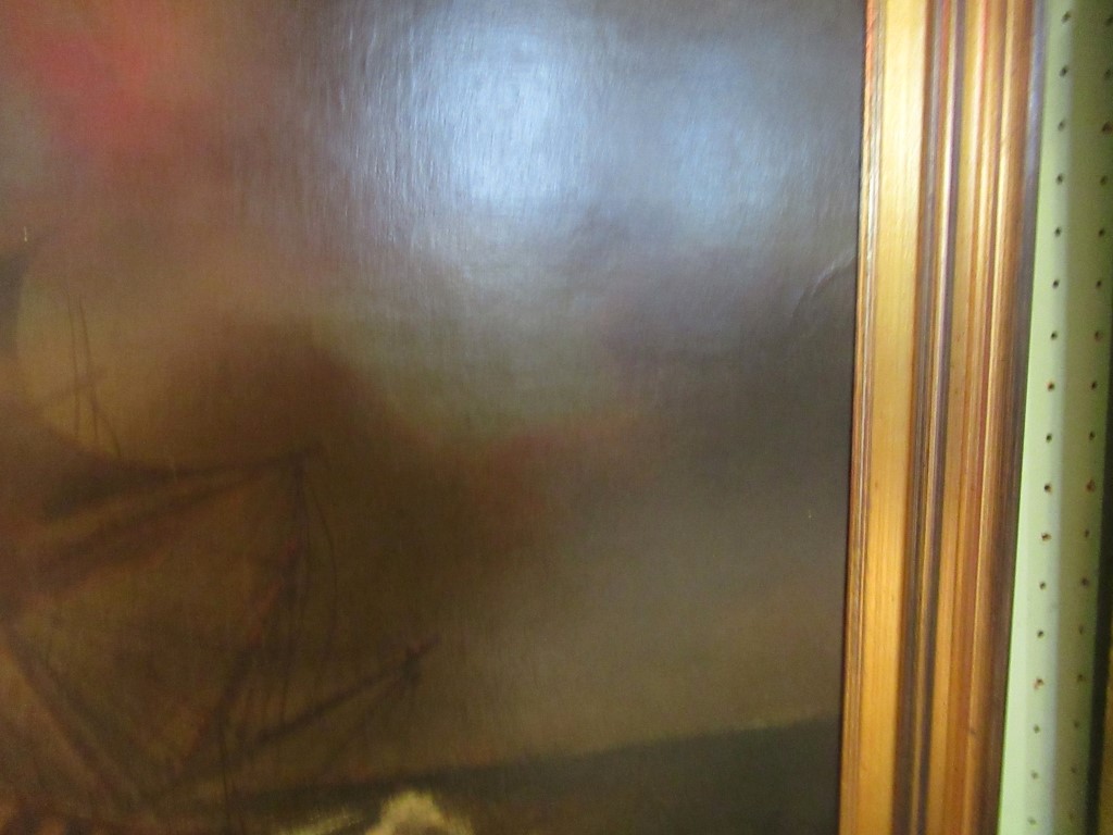 A 19th century gilt framed oil on canvas depicting a galleon in stormy seas in the manner of - Image 6 of 6