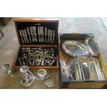 A box containing a large quantity of miscellaneous silver plate together with a cased silver plate