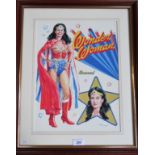 Walt Howarth, a contemporary framed and glazed watercolour depicting Lynda Carter as Wonderwoman.