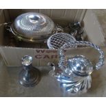 A box containing a quantity of silver plate to include breakfast warmer and candelabra.