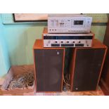 A pair of Wharfdale speakers together with a Leak 2000 tuner amplifier and a Phillips cassette