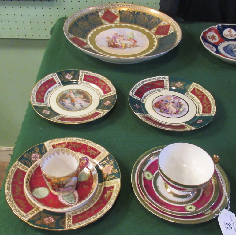 A collection of Royal Vienna-style china, to include: large charger, two side plates, cups,