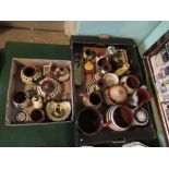 Two boxes containing a large quantity of Devon Ware, to include: candlesticks, jugs, teapots,