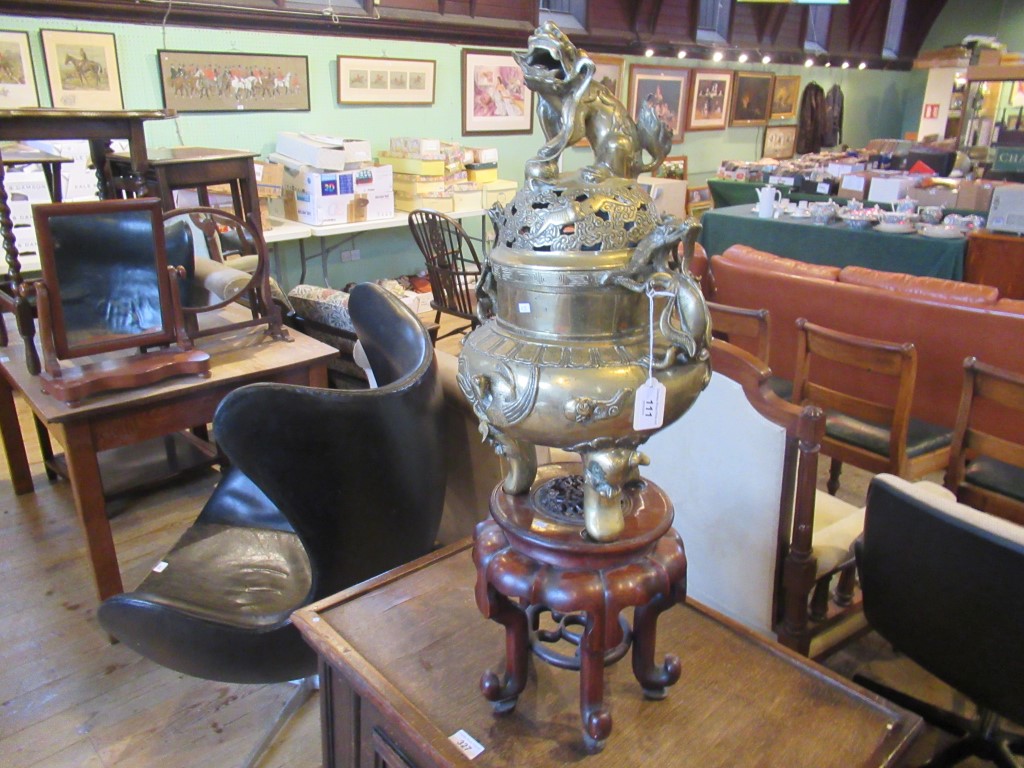 An impressive 20th century brass incense burner with Dog of Fo lid surmounted by two mythical - Image 3 of 4