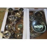 Two boxes of miscellaneous silver plate to include teapots, coffee pots,