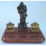A 19th century bronze figural inkstand on marble base signed R.Cotin, Paris.