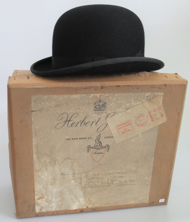 A bowler hat in original box, bearing the label Herbert Johnson, 38 New Bond Street, London.