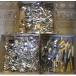 Three boxes containing a large quantity of silver plated flatware.