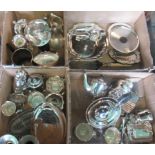 Four boxes containing a large quantity of miscellaneous silver plate to include teapots, goblets,