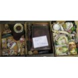Three boxes containing a quantity of miscellaneous china together with an oak mantle clock, cutlery,