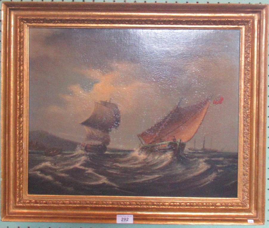 A gilt framed oil on canvas 'Sailing in choppy waters'. Unsigned.