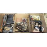Three boxes containing a quantity of miscellaneous items to include metalware, tape recorder,