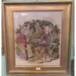A 19th century framed and glazed woolwork picture depicting an elderly couple.