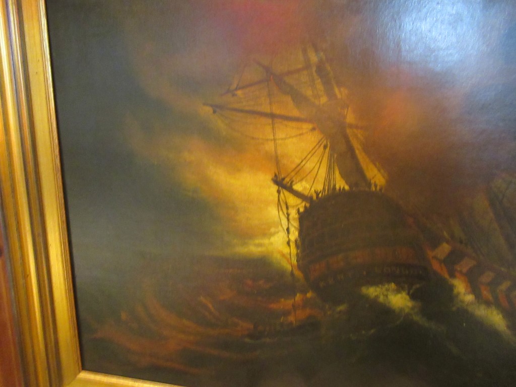 A 19th century gilt framed oil on canvas depicting a galleon in stormy seas in the manner of - Image 5 of 6