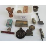 A quantity of miscellaneous items to include enamel matchbox cover, wooden egg timer,