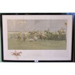 Snaffles, a framed only coloured lithograph. 'The Grand National - Canal Turn'. Signed.