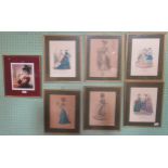 A set of six framed and glazed fashion prints, together with one other.