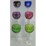 A set of six coloured hock glasses.