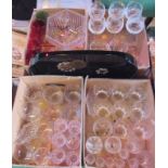 Four boxes containing a quantity of crystal glassware, to include: sundae dishes, hock glasses,