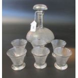 An Art Deco-style silver and crackle glass decanter, together with six matching liqueur glasses.