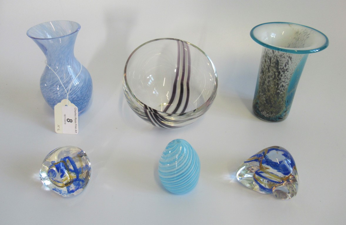 Six items of studio glassware, to include Caithness and Mdina.