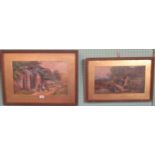 Two gilt framed and glazed watercolours, depicting Victorian children in a rural landscape.