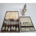 A cased set of hallmarked grapefruit spoons, together with a cased set of teaspoons,