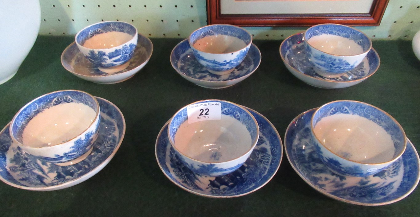 A set of six Miles Mason blue and white cups & saucers with Oriental decoration.