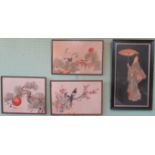 A collection of three framed and glazed Oriental scenes, depicting exotic birds on silk,