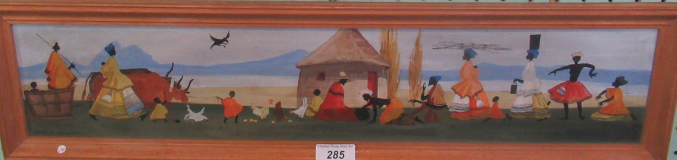 Lucy M Mullins, a framed oil on board, depicting an African village.