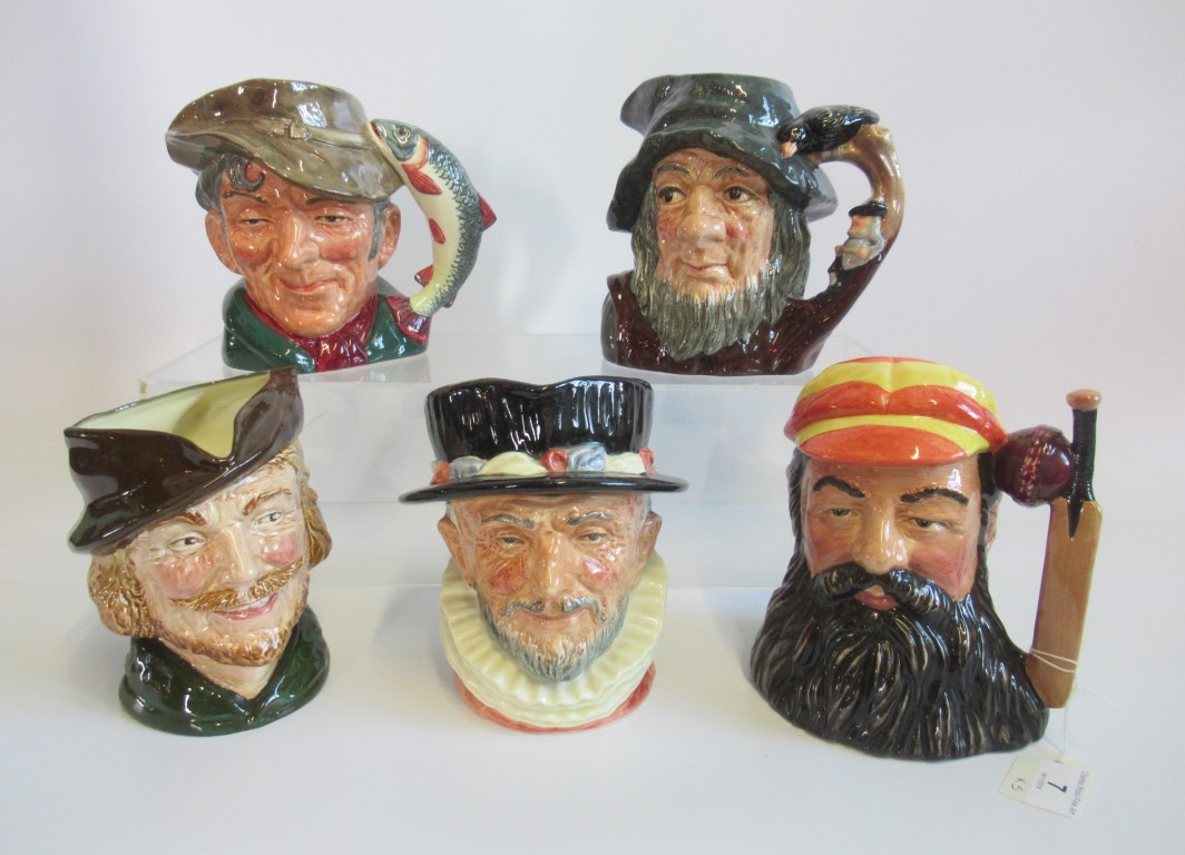 A collection of five Royal Doulton character jugs, comprising W G Grace, Robin Hood, Rip Van Winkle,