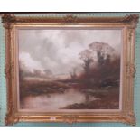 A contemporary gilt framed oil on canvas, rural landscape with fisherman to the fore.